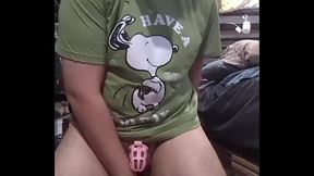 submissive puppy in chastity cage plays with his bad dragon