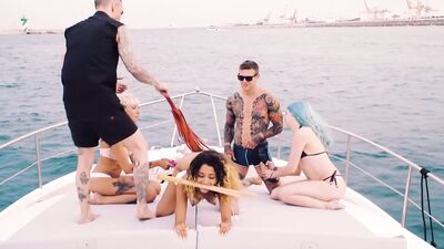 Public BDSM party with naked freakish babes on the yacht sailing in the open waters