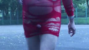 slutty red dress outdoors basketball court