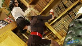 Two busty babes get drilled deep by horny muscular guy in the library