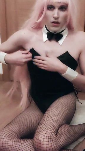 Pink-haired Bunny Cosplayer Playing with Her Magic Wand