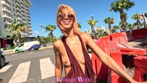Hairy Latina shows off tiny melons in braless slowmo nip slip