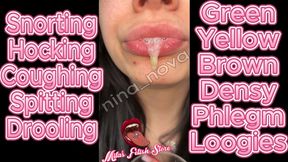Snorting coughing hocking nasty green thick phlegm mucus and loogies drooling into a glass