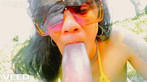 Blonde sucks huge cock on park bench near nude beach