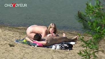 Voyeur video of teen couple beach sex with cum kiss