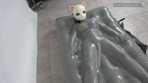 Kigurumi Cat Mask and Grey Rubber Vacuum Bed Bondage!