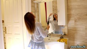 Super Hot Petite Asian Girl Takes Her See Through Panties in the Bathroom to Flash Pussy and Her Big Ass