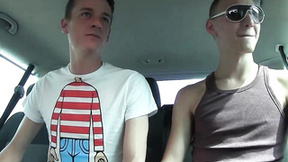 Skinny gays riding in car during hardcore assfucking threeway