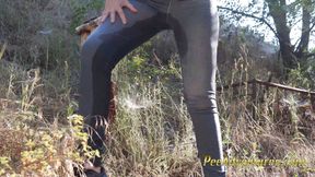 Waiting for her boyfriend with her bladder full - Changing her pee stained clothes outside