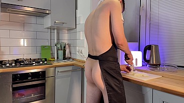 Cooking and Cum show with pretty hole and selfsuck