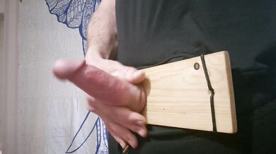 Big cock grinds his curved dick raw and spurts cum all over his shirt