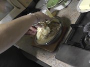 Naked kitch. Milf in transparent negligee without panties prepares dessert masturbating pussy orgasm