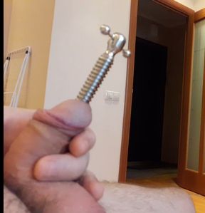 Penis tuner hollow screw urethral plug insertion and a cumshot through