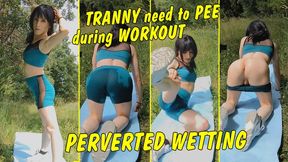 Perverted Wetting! Tranny has to pee during workout and continues training wet!