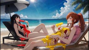 AI Gothic Beauty Meets Redhead Beauty - Beach Crossover (Eating Ice Pops)