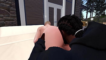 Second Life Black man fucks white woman on a front porch