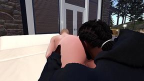 Second Life Black man fucks white woman on a front porch