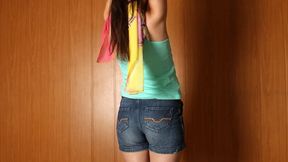 Angela: cleave-gagged barefoot girl in tank-top and jeans shorts, tied standing on her tip-toes with her hands tied up high above her, is teased and spanked by a man (HD MOV)