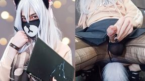 Cute Neko Trans Precum Wearing Buttplug Torn Tights And Cosplay Sagiri Izumi To Cumshot On Tablet