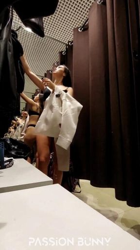 Risky solo orgasms in fitting room in mall