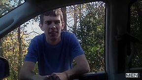 Blue T-shirt Twink Sucking Cock In The Car