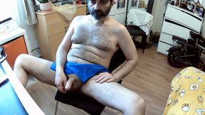 Hairy Stepdaddy with Blue Towel Touches Himself Till He Cums