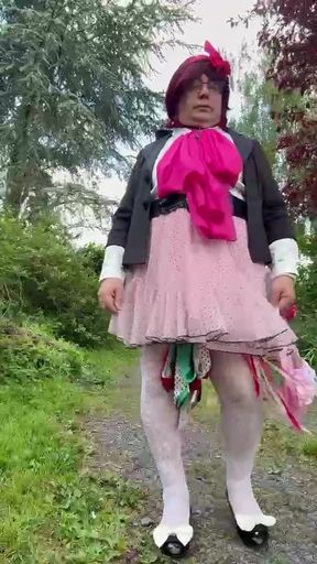 Dressed in a pink polka dot skirt for a party