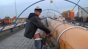outdoor public sex couple love to be watched on roof and train station sucking dick
