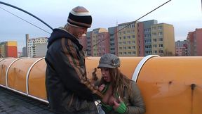 outdoor public sex couple love to be watched on roof and train station sucking dick