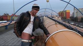 outdoor public sex couple love to be watched on roof and train station sucking dick