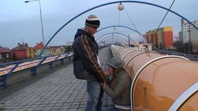 outdoor public sex couple love to be watched on roof and train station sucking dick
