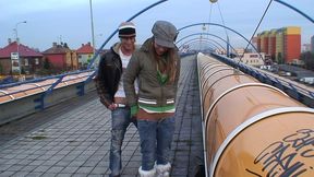 outdoor public sex couple love to be watched on roof and train station sucking dick