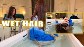 Ultimate Wet Hair Submersion Fantasy – 10 Min Long Hair Repeated Dunks in Bedroom Bathtub, Underwater Floating, Middle Part Shine, Sheer Wet Shirt