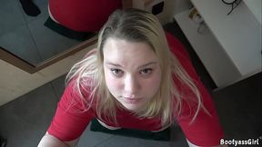 Girl with a pretty face gives a blowjob with a cumshot in her mouth