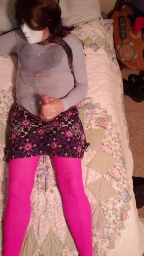Gay Crossdresser tease in oil, pantyhose, leotard and skirt. I oil up masturbate, penis sounding and cum.