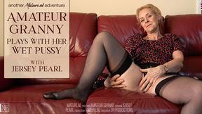”Amateur old woman Jersey Pearl plays with her wet muff on the couch”