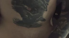 Tattooed Man Jacks Off and Drips Cum on Stomach