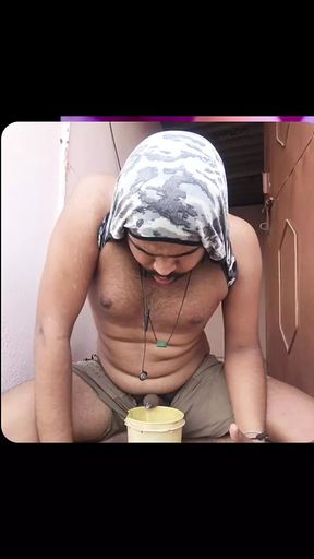 Desperately masterbating my hard dick with peeing hornyer