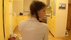 student 18+ with pigtails drilled in the arse in the kitchen