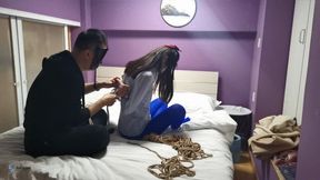 Girl in blue pantyhose tied into a ball and gagged(Chinese model CaiWen)