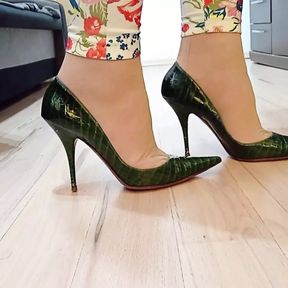 Crossdresser Walks in Sexy Snake Leather Pointed Toe Casadei High Heels Pumps