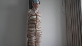Strict Chinese Girl Plastic Wrap Mummification Bondage - Tight Rope & Blindfold Standing Torment