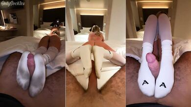 Blondie gags on thick white socks in foot job heaven