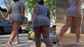 puerto rican boricua mami with thick legs and natural fat ass big booty walking with a switch in slow motion wearing a mini skirt and high heel wedge platform flip flops
