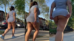 puerto rican boricua mami with thick legs and natural fat ass big booty walking with a switch in slow motion wearing a mini skirt and high heel wedge platform flip flops