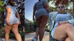 puerto rican boricua mami with thick legs and natural fat ass big booty walking with a switch in slow motion wearing a mini skirt and high heel wedge platform flip flops