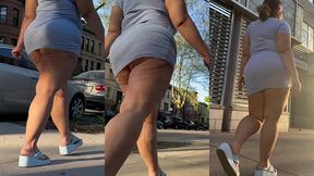 puerto rican boricua mami with thick legs and natural fat ass big booty walking with a switch in slow motion wearing a mini skirt and high heel wedge platform flip flops