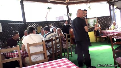 Two sluts public fucked in crowded restaurant