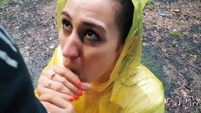 Brunette Girl in Yellow Raincoat Sucks Cock Outdoors