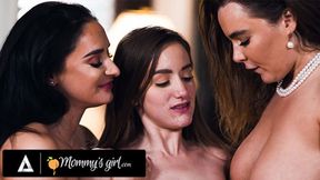 Two voluptuous MILFs and a dainty brunette in a steamy lesbian threesome
